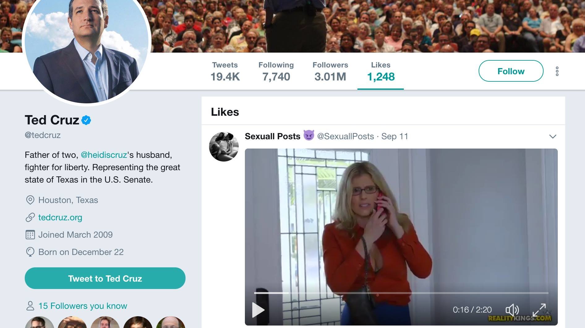 Ted Cruz 'Likes' a Pornographic Tweet
Pornography - Reality Kings - Ted Cruz - The Daily Dot - The Huffington Post - Time - Twitter