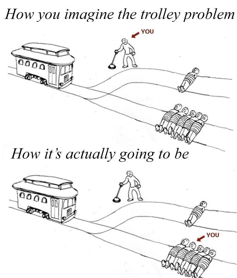 How you imagine the trolley problem vs. how it's actually going to be