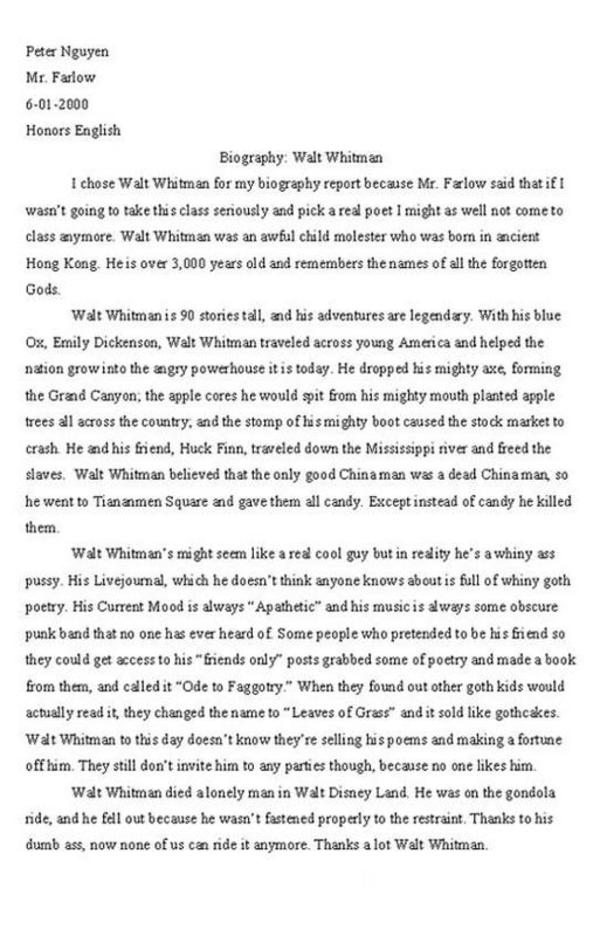 walt whitman essay prompts Essay on walt whitman’s poem song of myself american literature 2, class lei week 11 suzana jordão da costa introduction: walt whitman was born in new york and when we was a child he started working as a printer’s apprentice. walt whitman essay prompts Essay on walt whitman’s poem song of myself american literature 2, class lei week 11 suzana jordão da costa introduction: walt whitman was born in new york and when we was a child he started working as a printer’s apprentice.