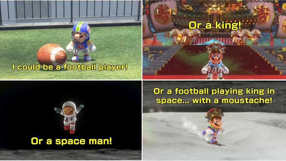 football playing king in space with a moustache Super Mario Odyssey