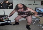 Fat hairy man in a speedo with guns and Guitar Hero controllers