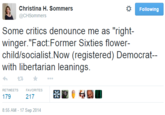 Christina H. Sommers @CHSommers Following Some critics denounce me as "right- winger."Fact Former Sixties flower- child/socialist.Now (registered) Democrat- with libertarian leanings. わt ★ 179 8:55 AM-17 Sep 2014 RETWEETS FAVORITES