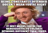 BEING CONSTANTLY OFFENDED DOESNT MEAN YOURE RIGHT IT JUST MEANS YOURETOO NARCISSISTICTOTOLERATE OPINIONS DIFFERENT THAN YOURS.