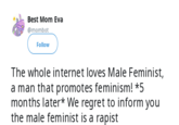 Best Mom Eva @mombot Follow The whole internet loves Male Feminist, a man that promotes feminism! *5 months later* We regret to inform you the male feminist is a rapist