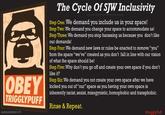 The Cycle Of SJW Inclusivity Step One: We demand you include us in your space! Step Two: We demand you change your space to accommodate us! Step Three: We demand you stop harassing us because you don't like our demands! Step Four: We demand new laws or rules be enacted to remove "you" from the space "we've" created as you don't fall in line with our visiorn of what the space should be! Step Five: Why don't you go off and create your own space if you don't like it? Step Six: We demand you not create your own space after we have kicked you out of "our" space as you having your own space is inherently racist, sexist, misogynistic, homophobic and transphobic. OBEY! TRIGGLYPUFF Rinse & Repeat. GoodideasysBadideas @ #trigglyPuff