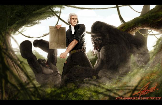 Thomas Jefferson fist fighting a gorilla