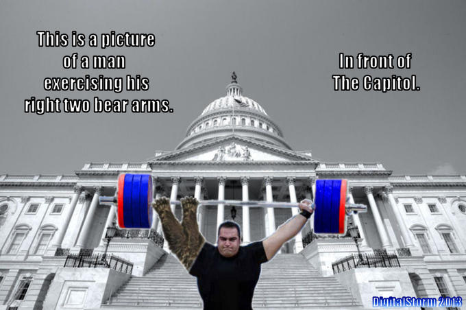 This is a picture of a man exercising his right two bear arms. In front of The Capitol.