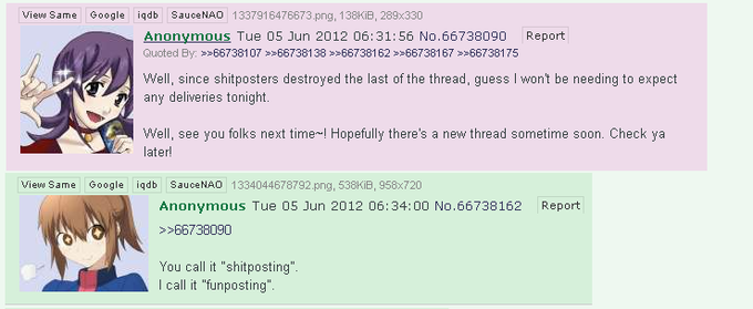 4chan interaction in which someone says you call it shitposting but I call it fun posting