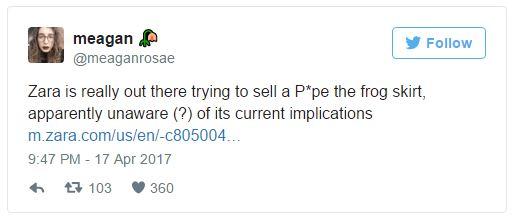 | meagan Follow @meaganrosae Zara is really out there trying to sell a P pe the frog skirt, apparently unaware (?) of its current implications m.zara.com/us/en/-c805004 9:47 PM -17 Apr 2017 わロ103 360