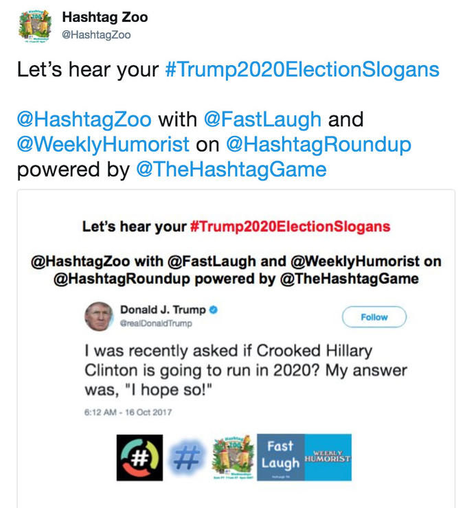 Tweet by hashtag zoo that went viral asking people for funny slogans for Trump Election 2020 Tweet by hashtag zoo that went viral asking people for funny slogans for Trump Election 2020