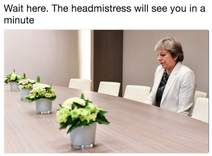 Lonely Theresa May meme as if she is in trouble with school and waiting for the head mistress Lonely Theresa May meme as if she is in trouble with school and waiting for the head mistress