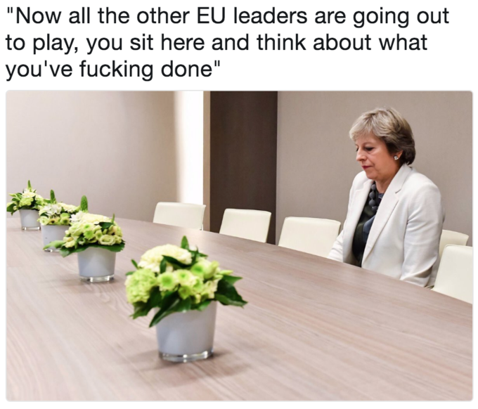 Lonely Theresa May meme as if she is being punished while the rest of the world leaders are out playing Lonely Theresa May meme as if she is being punished while the rest of the world leaders are out playing