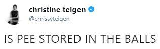 Model Christine Teigen tweets ironically asking if pee is stored in the balls