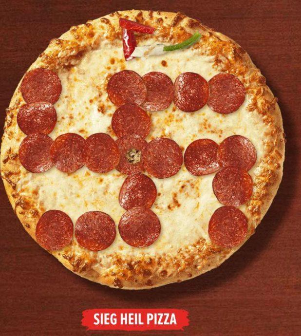 Pizza with swastika made with pepperoni slices and a question if Papa John is the official pizza of the alt-right Pizza with swastika made with pepperoni slices and a question if Papa John is the official pizza of the alt-right
