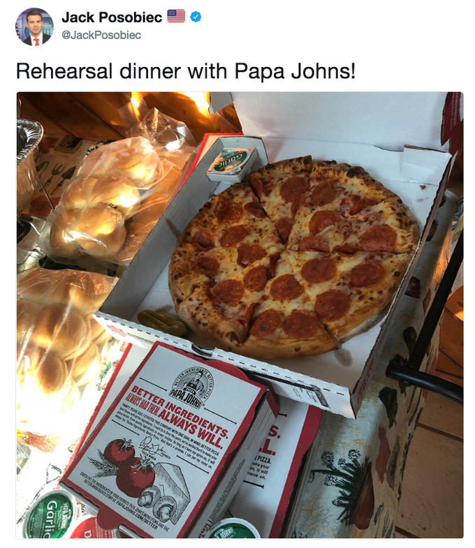 Jack Posobiec tweeting that he is having Papa Johns at his wedding rehearsal dinner Jack Posobiec tweeting that he is having Papa Johns at his wedding rehearsal dinner