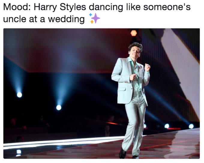 Tweet meme about how Harry Styles looks like he is an uncle dancing at a wedding Tweet meme about how Harry Styles looks like he is an uncle dancing at a wedding