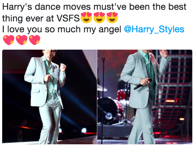 Tweet declaring that Harry Style's dancing at the Victoria Secret Fashion Show was the best part of the event Tweet declaring that Harry Style's dancing at the Victoria Secret Fashion Show was the best part of the event
