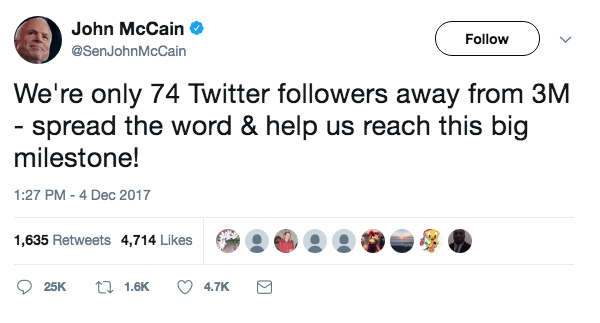 Tweet by Senator John Mccain asking for more followers to reach 3 million milestone Tweet by Senator John Mccain asking for more followers to reach 3 million milestone