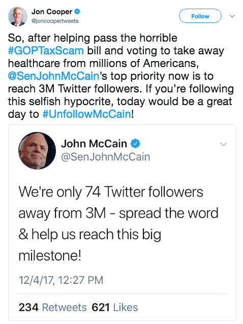 Jon Cooper tweets his disappointement at mcCain and throws in hashtag to unfollowmccain which eventual trended Jon Cooper tweets his disappointement at mcCain and throws in hashtag to unfollowmccain which eventual trended