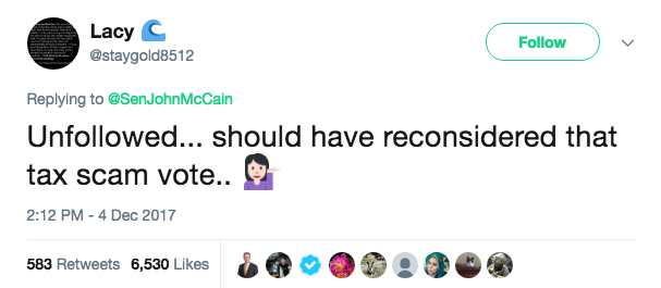 Tweets accusing McCain of voting for a tax scam Tweets accusing McCain of voting for a tax scam