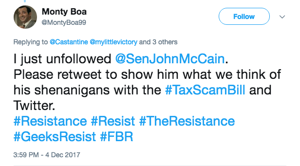 Tweet of the hashtag going viral of people unfollowing McCain and then sharing to let other know to do the same and why Tweet of the hashtag going viral of people unfollowing McCain and then sharing to let other know to do the same and why