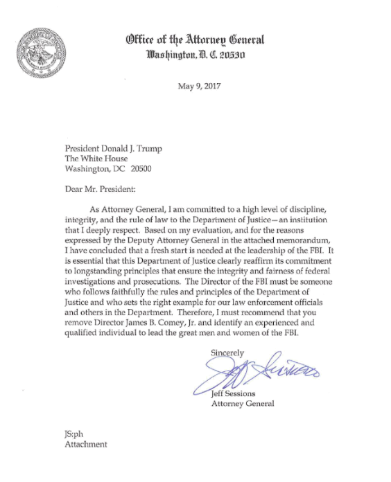 sessions letter to trump dismissal of fbi director james comey james comey letter