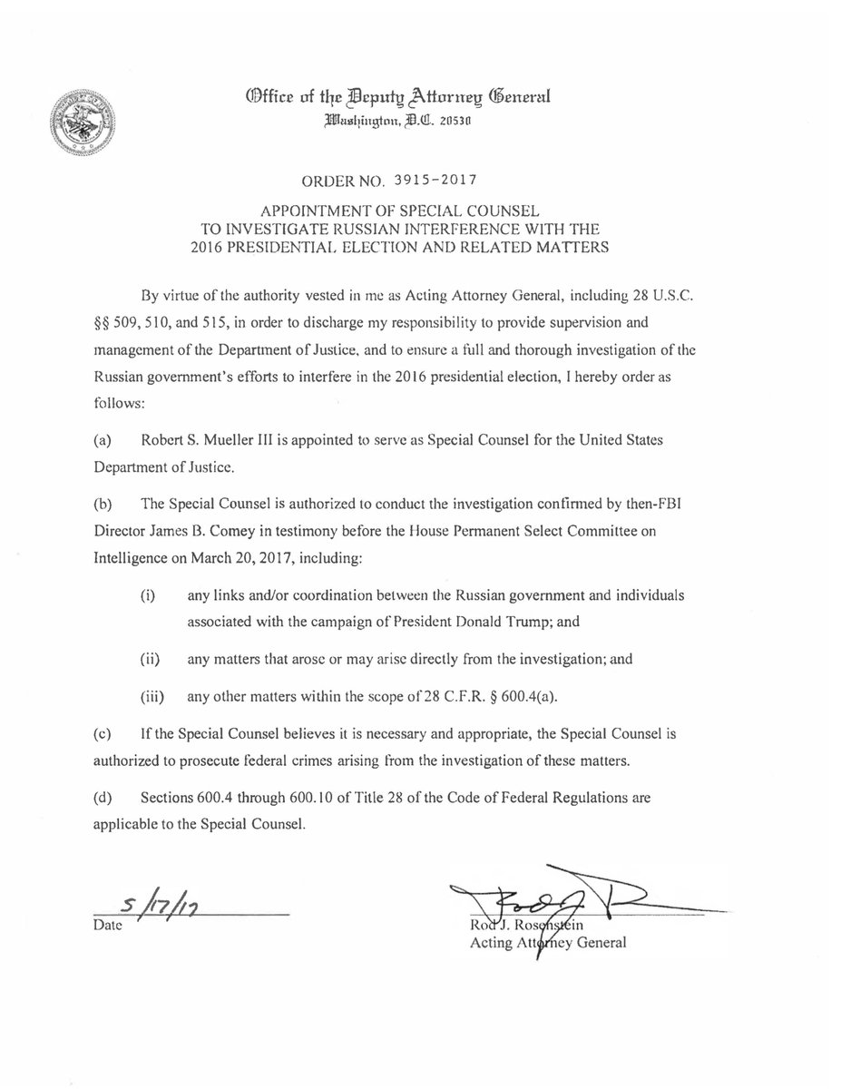 rod rosenstein appoints robert mueller as special counsel for trump rod rosenstein letter