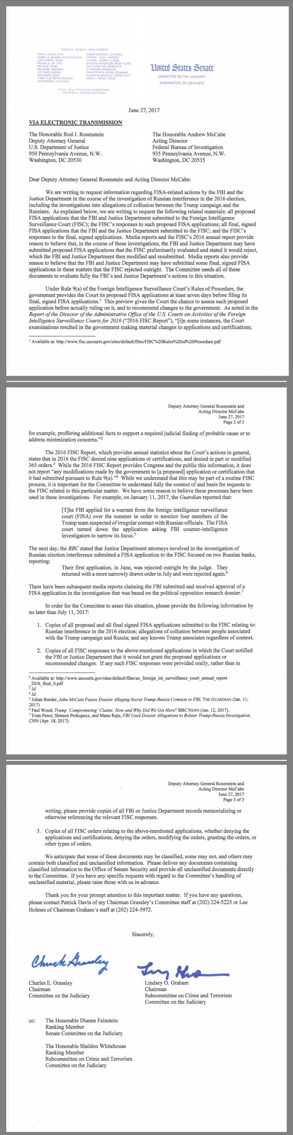 grassley and graham send a letter for fisa information russiagate rod rosenstein letter